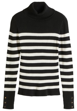 Pull à col roulé côtelé rayé horizontal noir et blanc avec manches longues et trois petits boutons dorés sur chaque poignet.