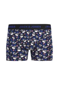 Μαύρα και μπλε αντρικά εσώρουχα μποξ με floral σχέδιο και κρανία πάντα. Η μέση έχει το λογότυπο "JACK & JONES" με μπλε γράμματα.