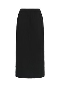 Svart, rettskåret skjørt med elastisk midjebånd og detaljert midtsøm, knelangt eller litt lenger, ensfarget stoff.