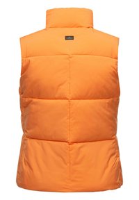 Orange padded vest with high collar, quilted sections, and a small brand tag on the back. Smooth texture and sleeveless design.