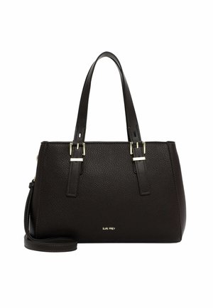 Black leather tote bag with textured finish, dual top handles, detachable shoulder strap, and gold-tone hardware accents.