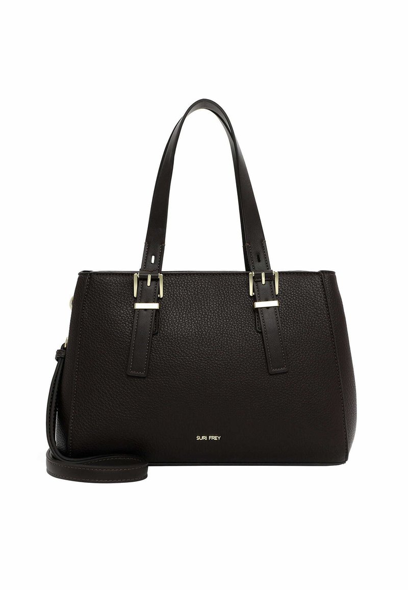 Borsa tote in pelle nera con finitura texturizzata, doppio manico superiore, tracolla rimovibile e dettagli in metallo dorato.