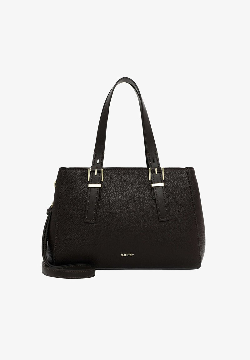 Czarna skórzana torba tote o teksturowanym wykończeniu, z podwójnymi uchwytami u góry, odpinanym paskiem na ramię i złotymi akcentami hardware.