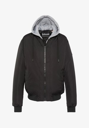 Zwarte bomberjack met een grijze capuchon, ritssluiting aan de voorkant, geribbelde manchet en zijzakken. Gladde, lichte stof met een gestructureerde silhouet.