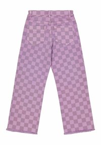 Fioletowe dżinsy w kratkę o szerokich nogawkach z surowym wykończeniem, z dwoma tylnymi kieszeniami i wysokim stanem, wykonane z materiału dżinsowego.