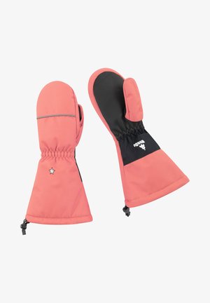 Lyserøde vanter med sorte detaljer, der har et tekstureret greb, elastisk manchet og et stjernedesign. Fremstillet af vandtæt og isoleret materiale.