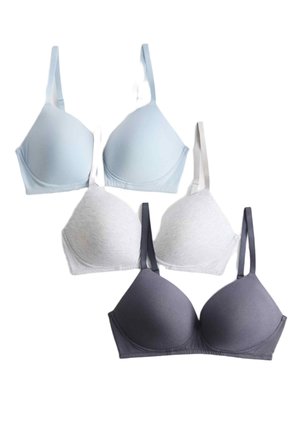 Quattro reggiseni imbottiti in azzurro chiaro, grigio chiaro, grigio più scuro e antracite, disposti su due file su uno sfondo bianco.