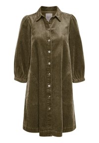 Olivgrön kordflodds klänning med krage, knappstängning framtill, rynkade ärmar och två sidofickor. Texturerade vertikala ränder.