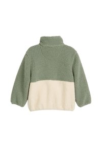 Veste en polaire à demi-fermeture éclair avec col montant, manches longues, et design bicolore en vert sauge et tissu sherpa crème.