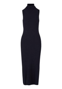 Robe midi noire sans manches avec col roulé haut, silhouette ajustée et design simple.