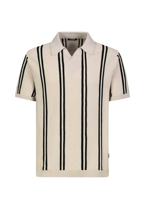 Beiges kurzärmeliges Strick-Poloshirt mit schwarzen vertikalen Streifen und spitzem Kragen.