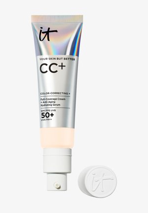 Tube de crème CC+ IT Cosmetics avec sérum correcteur de couleur, anti-âge, hydratant, protection UV SPF 50+ et un bouchon à vis blanc.