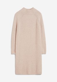 Robe-pull beige en maille côtelée à manches longues avec col montant et manches raglan, posée à plat sur fond blanc.