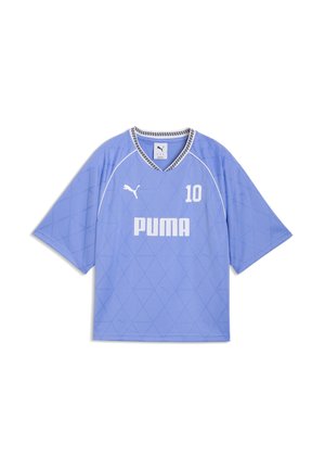 Light blue Puma short-sleeve sports jersey with white number 10, Puma logo, and patterned V-neck collar.