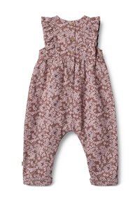Un body sans manches pour bébé avec des épaules froncées, un motif floral marron et rose, des boutons en bois sur le devant et une taille froncée.