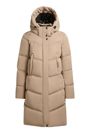 Beige pūkuma mētelis ar kapuci, ar quilted dizainu, spiedpogas, sānu kabatām un kontrastējošu melnu oderi.