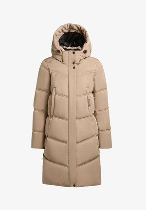 Beige pufferjakke med hætte, prydet med en quiltet design, trykknapper, sidelommer og kontrastsort foring.