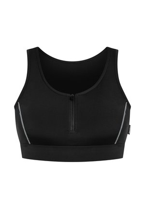 Reggiseno sportivo nero con scollo rotondo, chiusura frontale con zip e dettagli riflettenti sui lati. Realizzato in tessuto elastico e liscio.