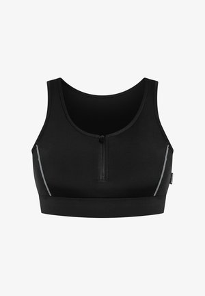 Reggiseno sportivo nero con scollo rotondo, chiusura frontale con zip e dettagli riflettenti sui lati. Realizzato in tessuto elastico e liscio.