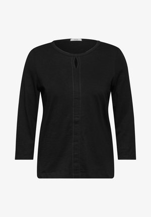 Zwarte langärmige top met een ronde hals, een sleutelgat uitsnijding aan de voorkant en een verticale naaddetail die in het midden loopt.