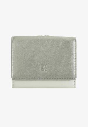 Portafoglio compatto con pattina argento metallico, base bianca, bordi arrotondati e logo in rilievo "DUDU" al centro davanti.