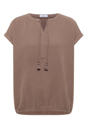 Blouse texturée marron clair à manches courtes avec encolure ronde, fente devant et liens décoratifs à pompons, présentant une coupe décontractée et des manches retroussées.