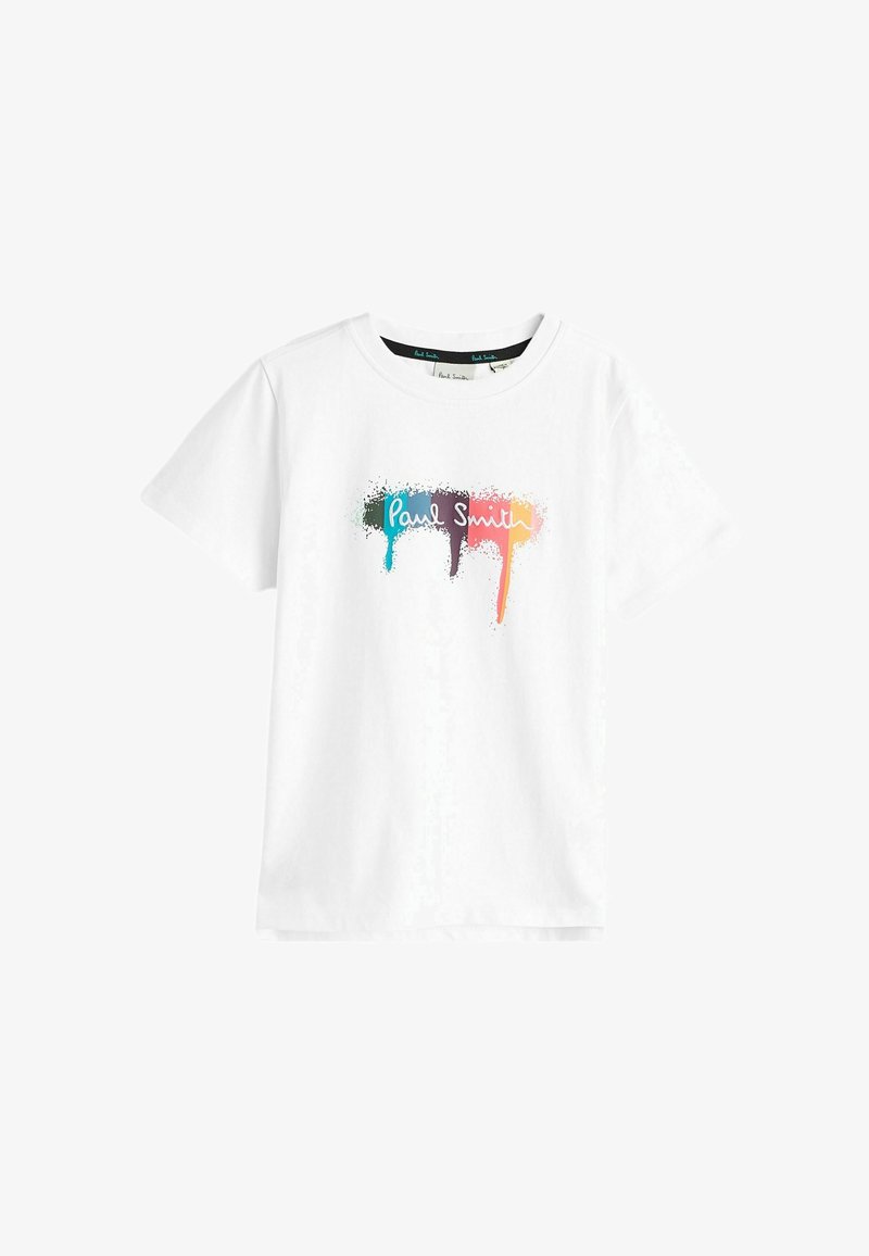 Weißes Baumwoll-T-Shirt mit einem bunten, tropfenden Farbdesign und dem Text "Paul Smith" in einer stilisierten Schriftart in der Mitte.