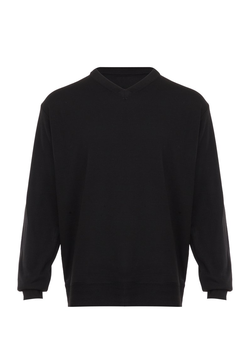 Felpa nera con scollo a V, maniche lunghe, polsini e orlo a costine. Realizzata in un tessuto morbido con una texture liscia. Senza fantasie o decorazioni.