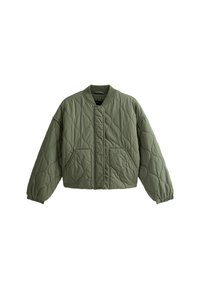 Gequilted groene bomberjack met een ronde kraag, elastische manchetten en twee voorkruiken. Het materiaal heeft een zachte textuur met een gladde afwerking.