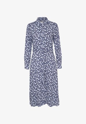 Pikendustega kleit, millel on kerge kangas, geomeetriline sinine ja valge muster, krae, nööpide esitamine ja vööditatud talje.