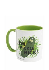 Tazza ceramica bianca con manico e interno verdi. Presenta il testo "SONO PICKLE RICK!" e un grafiche di un cetriolo in stile cartoon con design esplosivo.