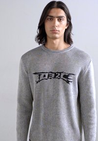 Sweatshirt gri cu dungi, având un design grafic de text negru. Mâneci lungi și decolteu tip crew cu textură ribbată.