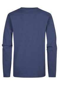 Maglietta a maniche lunghe crewneck blu navy vista da dietro, con tessuto semplice e senza motivi o loghi visibili.