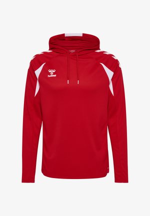 Rød sports-hoodie med lange ærmer og hvide accenter på skuldre og sider, frontlogo samt snore i hætten.