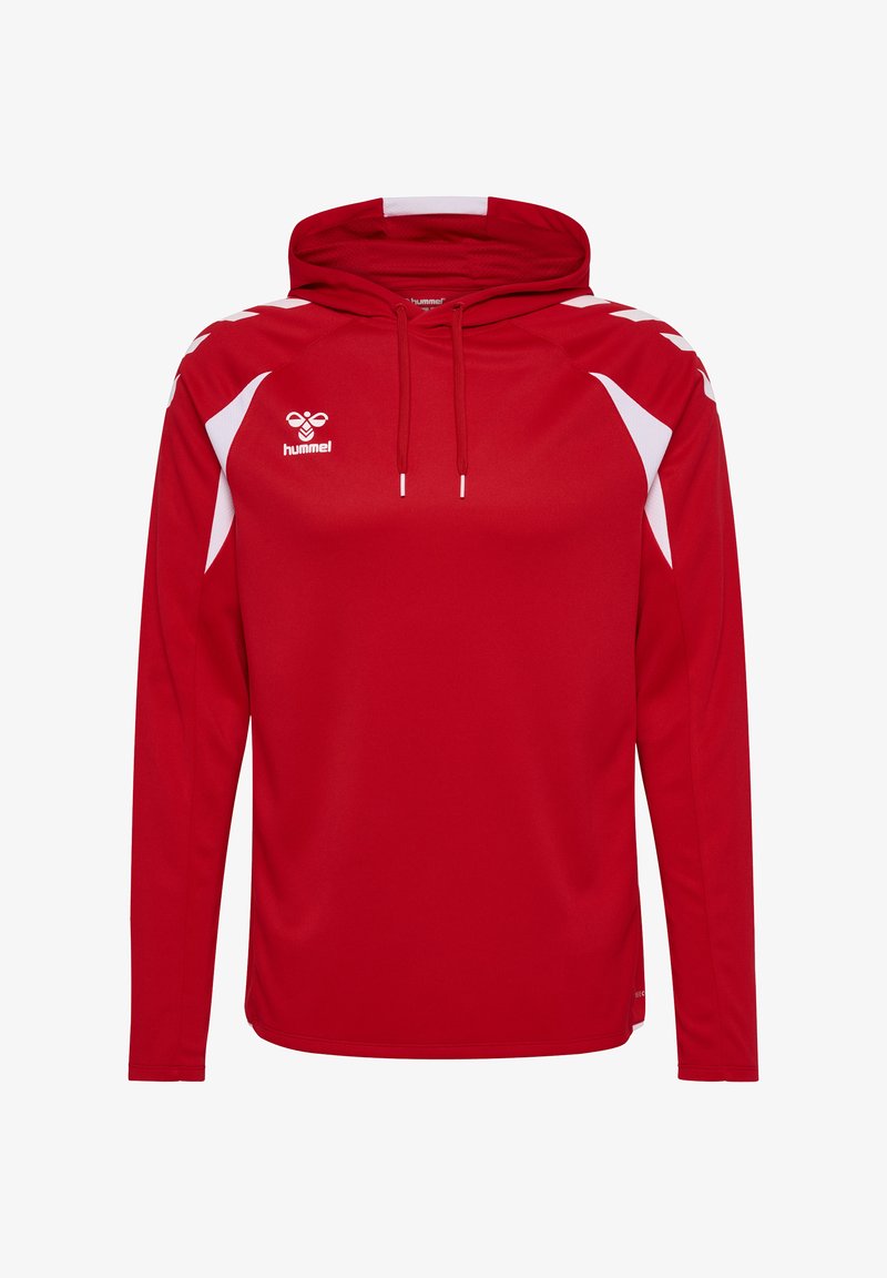 Hoodie de sport rouge à manches longues avec des accents blancs sur les épaules et les côtés, logo à l'avant et cordons de serrage sur la capuche.