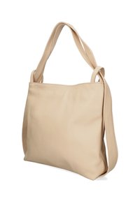 Beige leren schoudertas met twee lange banden, rechthoekige vorm, zachte textuur en geen zichtbare patronen of hardwaredetails.