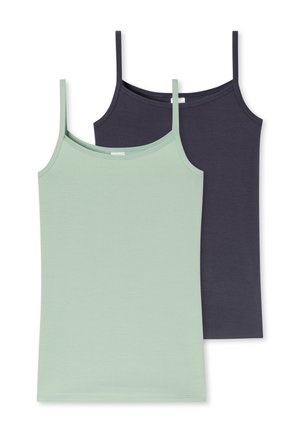 Zwei Spaghettiträger-Tanktops, eines hellgrün vorne und eines dunkelgrau hinten, flach auf einem weißen Hintergrund ausgelegt.