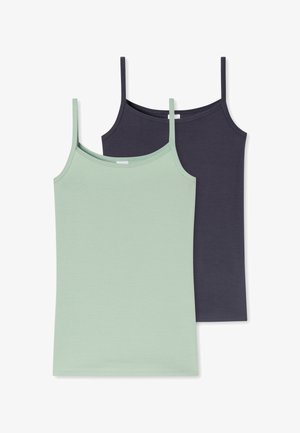 Zwei Spaghettiträger-Tanktops, eines hellgrün vorne und eines dunkelgrau hinten, flach auf einem weißen Hintergrund ausgelegt.