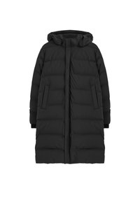 Svart puffig jacka med huva, med en quiltad design, lång längd och sidofickor. Tillverkad av ett mjukt, lätt material.