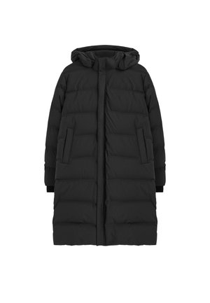 Cappotto puffo nero con cappuccio, caratterizzato da un design trapuntato, lunghezza lunga e tasche laterali. Realizzato in un materiale morbido e leggero.