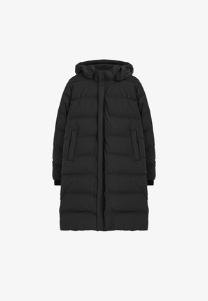 Abrigo de plumas negro con capucha, con un diseño acolchado, de longitud larga y bolsillos laterales. Fabricado en un material suave y ligero.