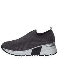 Black slip-on sneaker with a textured knit upper, reinforced heel, and rubber sole featuring a white and black accent design.