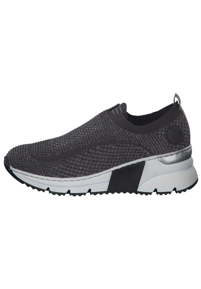 Black slip-on sneaker with a textured knit upper, reinforced heel, and rubber sole featuring a white and black accent design.