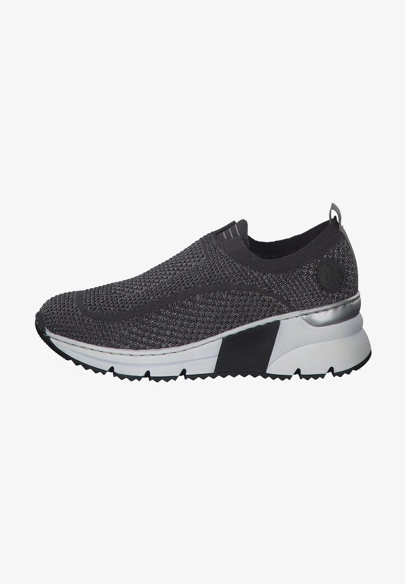 Black slip-on sneaker with a textured knit upper, reinforced heel, and rubber sole featuring a white and black accent design.
