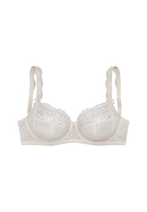 Lace bra in off-white with floral pattern, padded three-part cups, decorative straps, and a satin bow detail at the center front.