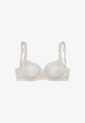 Lace bra in off-white with floral pattern, padded three-part cups, decorative straps, and a satin bow detail at the center front.