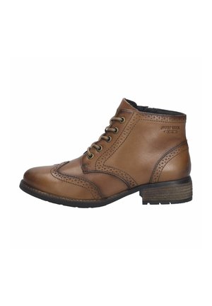Bottines en cuir brun avec fermeture lacée, détails de brogue et motifs cousus subtils. Talon robuste et semelle texturée pour une meilleure adhérence.