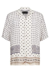 Lyhythihainen paita vaalean kermanvärisenä, jossa on monimutkaisia laivastonsinisiä ja taupen sävyisiä kuvioita. Paidassa on nappi-etuosa ja kaulus, ja se on tehty kevyestä kankaasta.