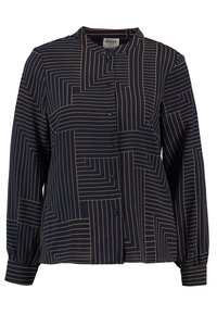 Camicia blu navy con maniche lunghe, caratterizzata da un motivo geometrico a righe color crema e colletto rialzato. Tessuto morbido e leggero.