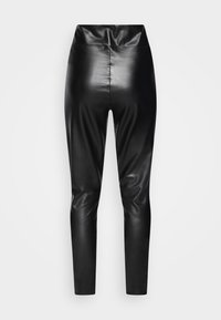 Black faux leather leggings with a high waist, fitted design, and smooth, glossy texture. Ankle-length with no visible seams or accents.